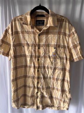 Carhartt Men’s Short Sleeve Plaid Button-Down in Yellow and Tan